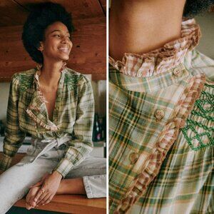 Sezane Laia Long Sleeve Ruffle High Collar Boho Peasant Blouse in Green Tiles